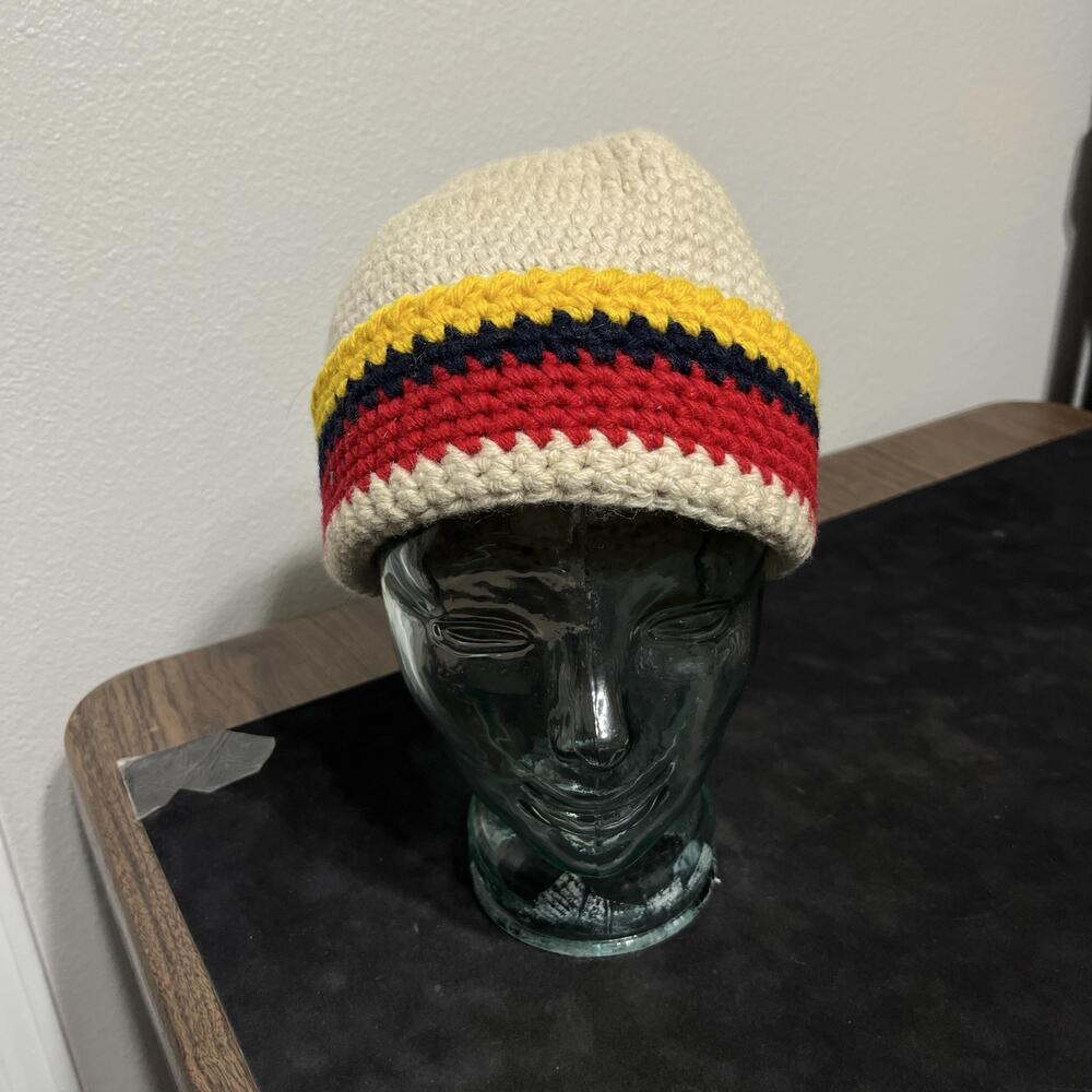 Vintage Robbins Wool Crochet Beanie Hat One Size Beige Stripe German Austrian